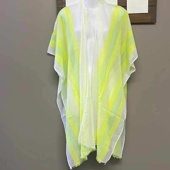 NWOT- Isaac Mizrahi LIVE White with Neon Green and Yellow Striped Coverup- OS - Picture 2 of 7